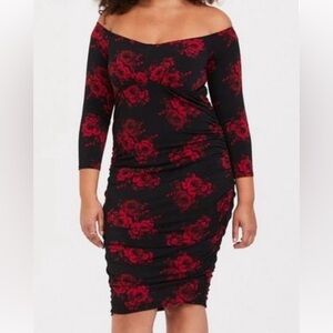 torrid Black Off-Shoulder Midi Dress with Red Rose Print